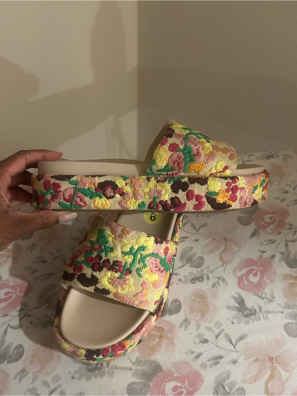 Steve Madden Floral Embroidered Slide Sandals - Pink/Yellow/Green